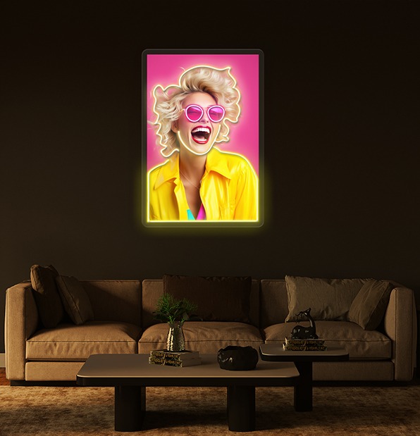 Lady laughing uv light art