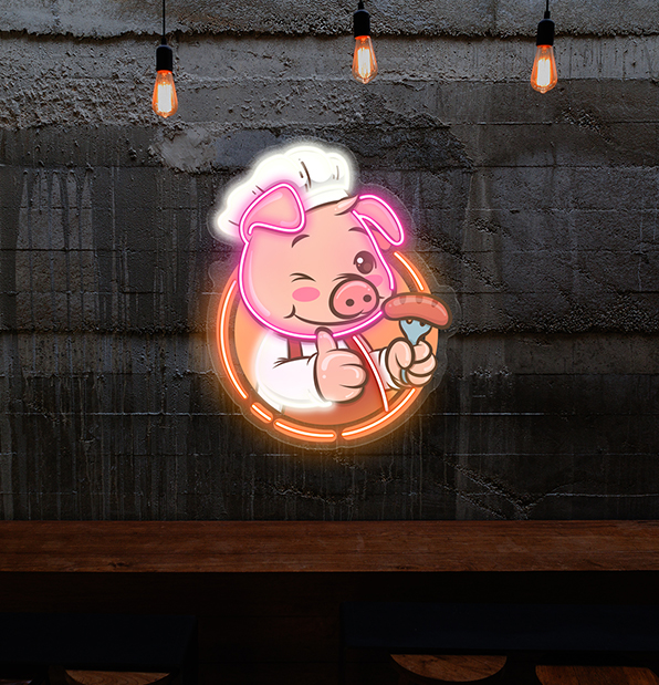 Cute and Friendly Pig Chef Holds Artwork LED Neon