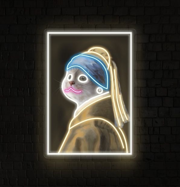 Pearl Earring Cat Lady UV Print LED Neon Sign