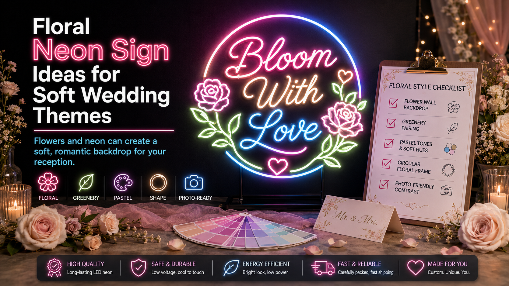 Floral Neon Sign Ideas for Soft Wedding Themes
