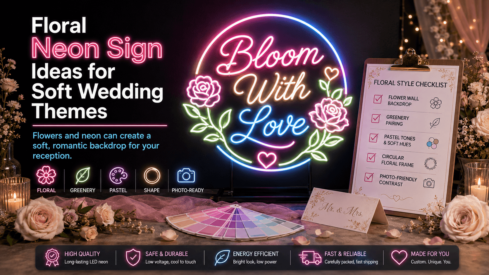 Floral Neon Sign Ideas for Soft Wedding Themes