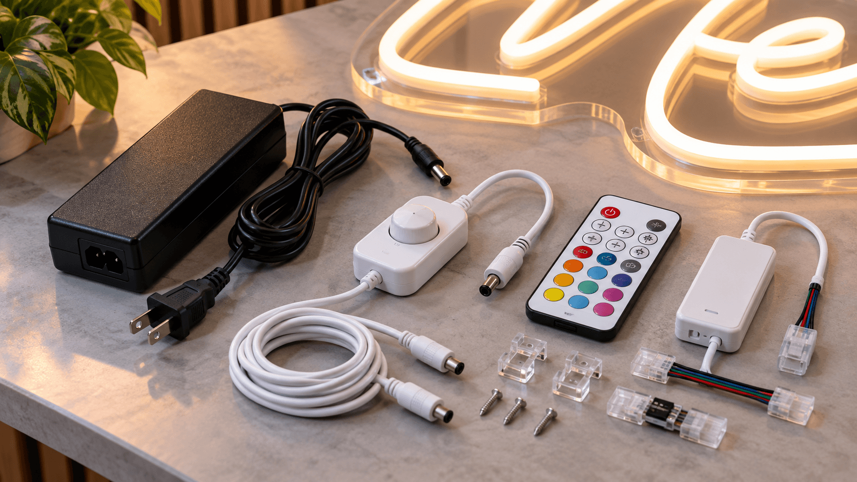 Power Adapter, Cables, Remote, Dimmer, and Controller