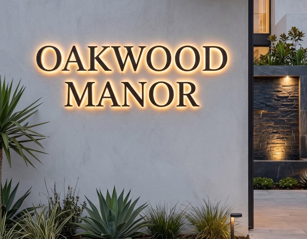 Key Features of a LED Backlit Business Signs OAKWOOD MANOR outdoor LED backlit sign with warm halo lighting