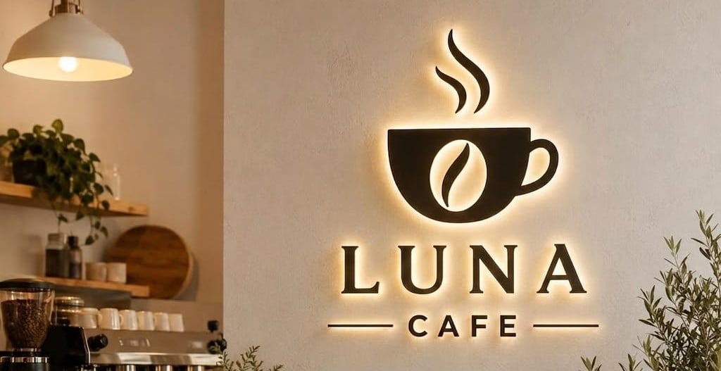 LED Backlit Business Signs LUNA CAFE custom LED backlit business sign with soft halo glow