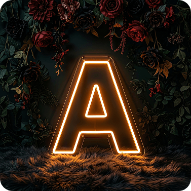 Warm orange custom neon letter A on a rug with red roses