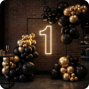 White custom neon number 1 with black and gold balloons