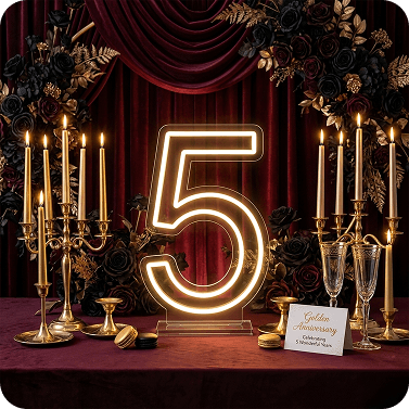 White custom neon number 5 on a table with floral decor