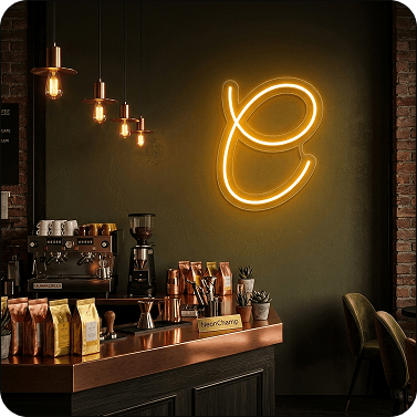 Yellow custom neon letter e in a cafe setting