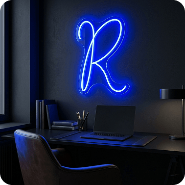 Purple custom neon letter R in a home office