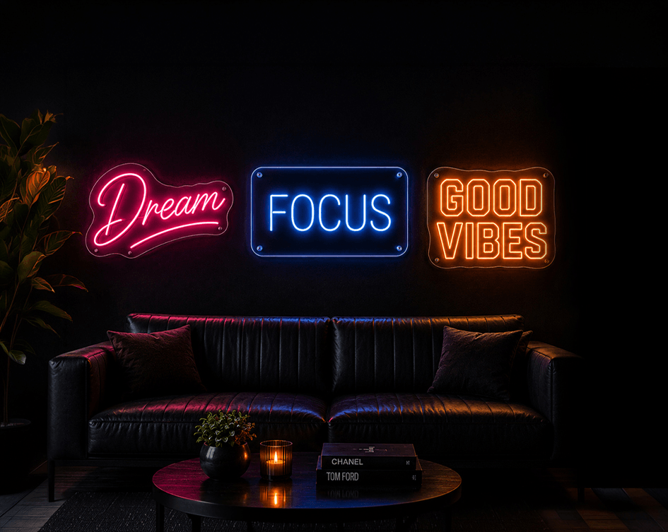 Neon sign font style examples on a dark wall