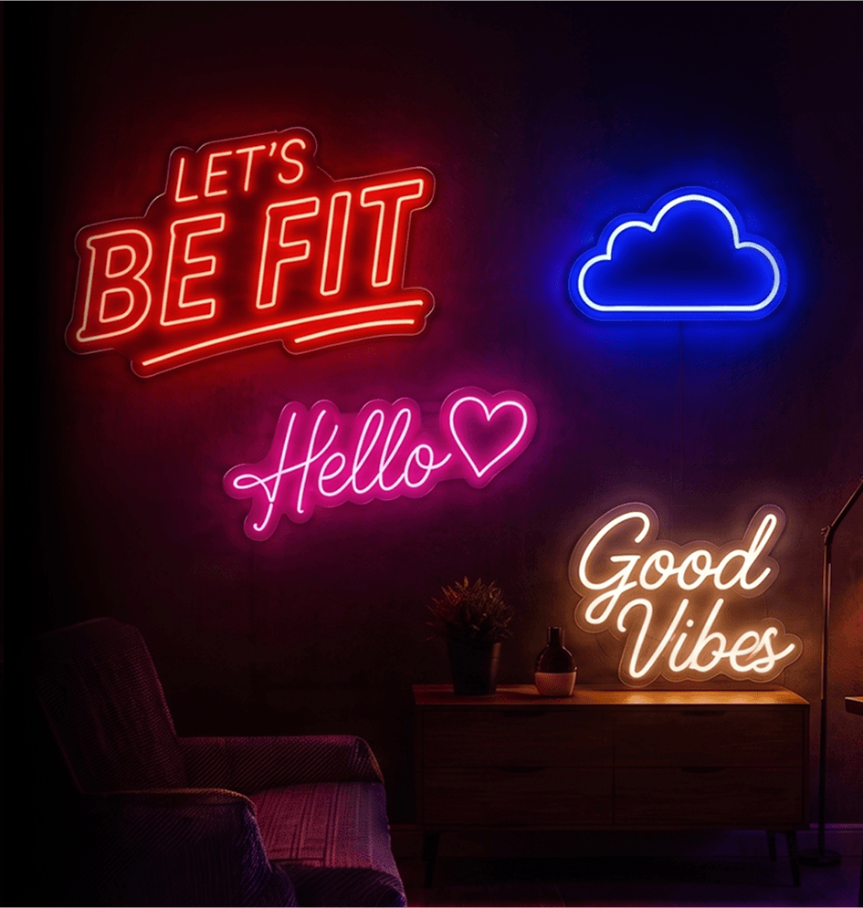 Custom neon sign color examples on a dark wall