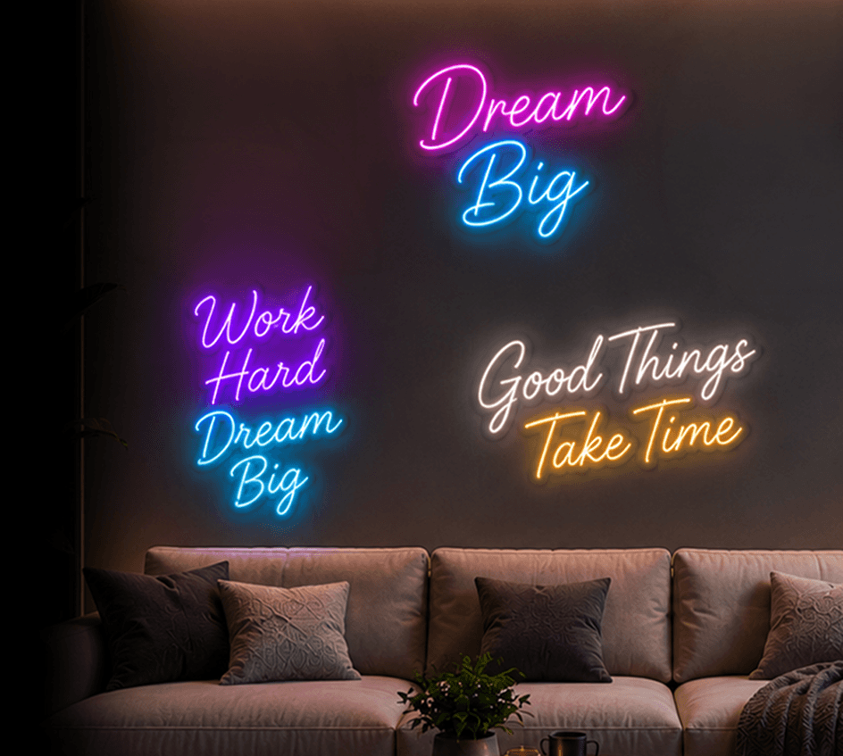 Single and multi-color neon sign examples on a dark wall